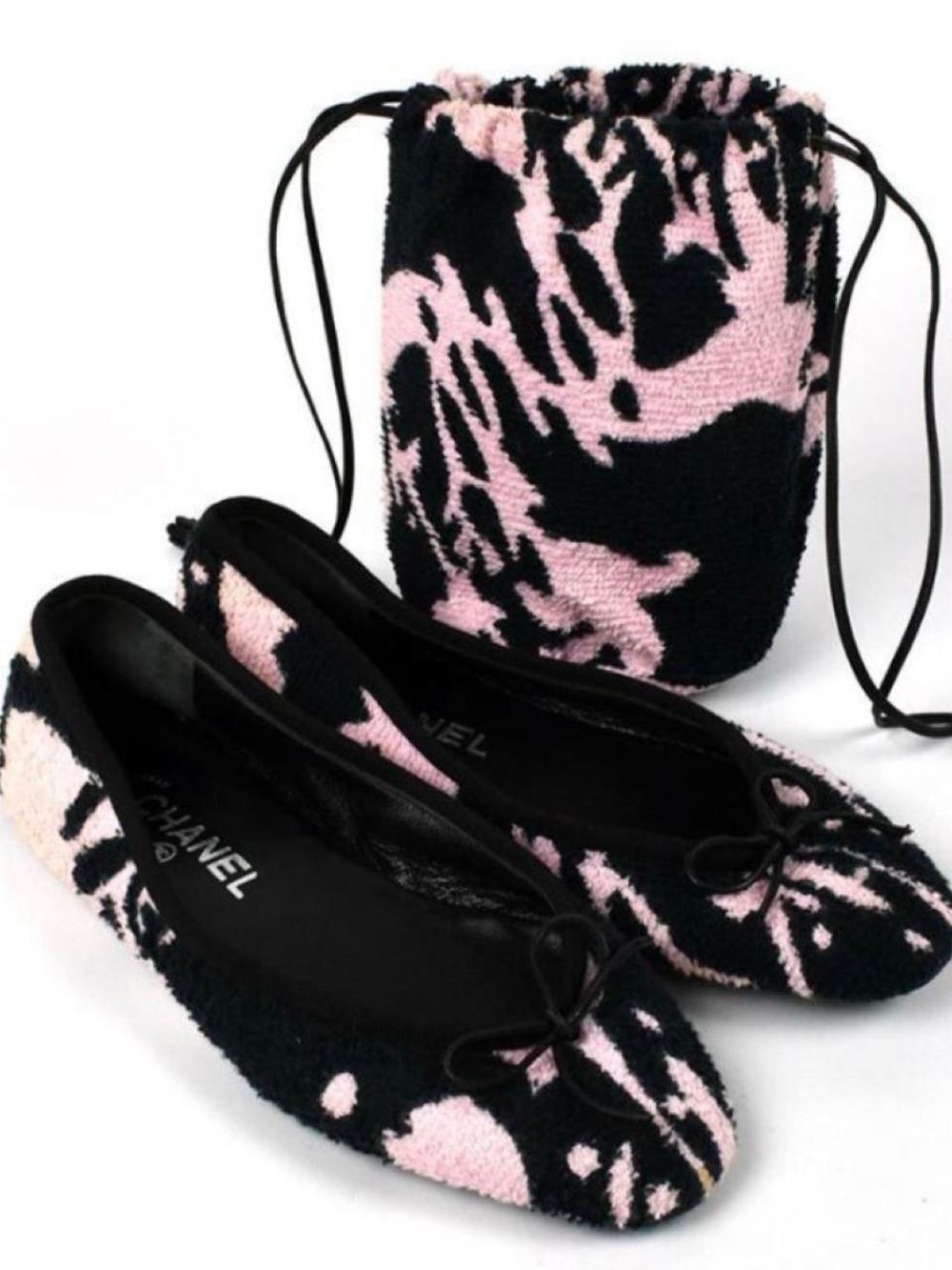 CHANEL Pink and Black Bouclé Terry Tweed Ballet Flats with Drawstring Pouch